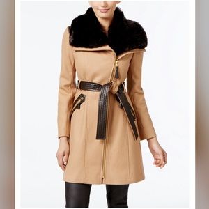 Via Spiga Asymmetric Zip Coat w/ Faux Fur Collar